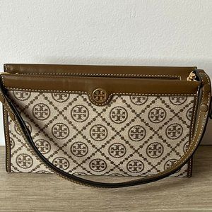 Tory Burch Mini T-monogrammed jacquard clutch bag in hazelnut brown PVC